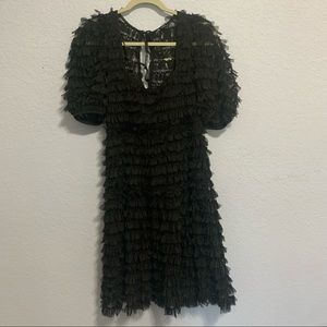Zara Tulle Sheer Stacked Fringe Black Short Sleeve Dress